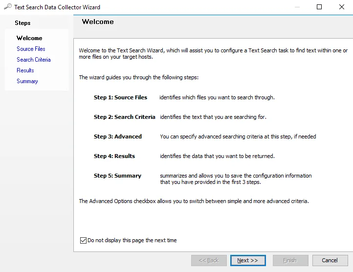 Text Search Data Collector Wizard Welcome page