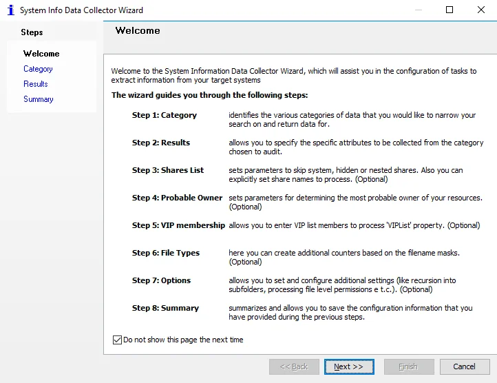 System Info Data Collector Wizard Welcome page