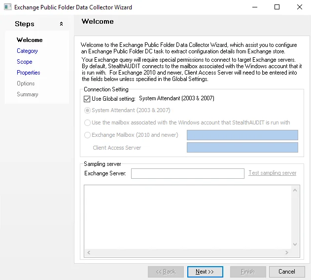 Exchange Public Folder Data Collector Wizard Welcome page