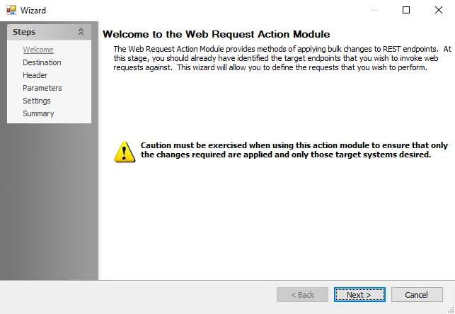 Web Request Action Module Wizard Welcome page