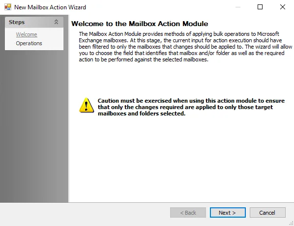 New Mailbox Action Wizard Welcome page