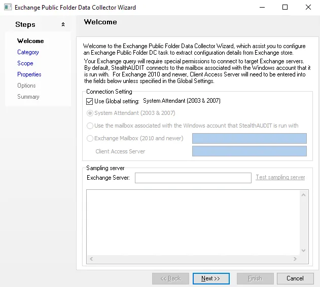 Exchange Public Folder Data Collector Wizard Welcome page