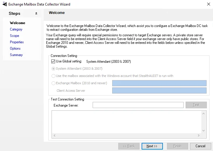 Exchange Mailbox Data Collector Wizard Welcome page