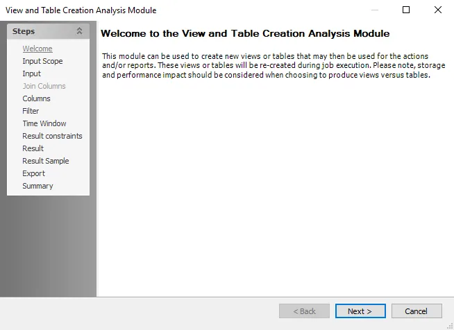 View and Table Creation Analysis Module wizard Welcome page