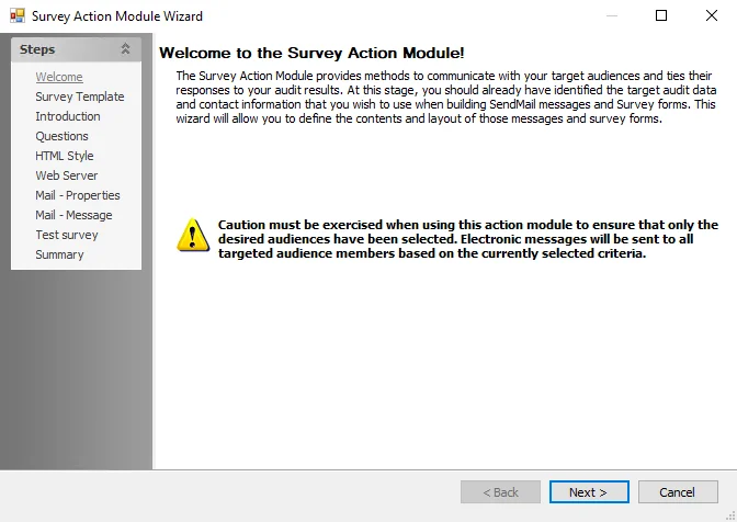 Survey Action Module Wizard Welcome page