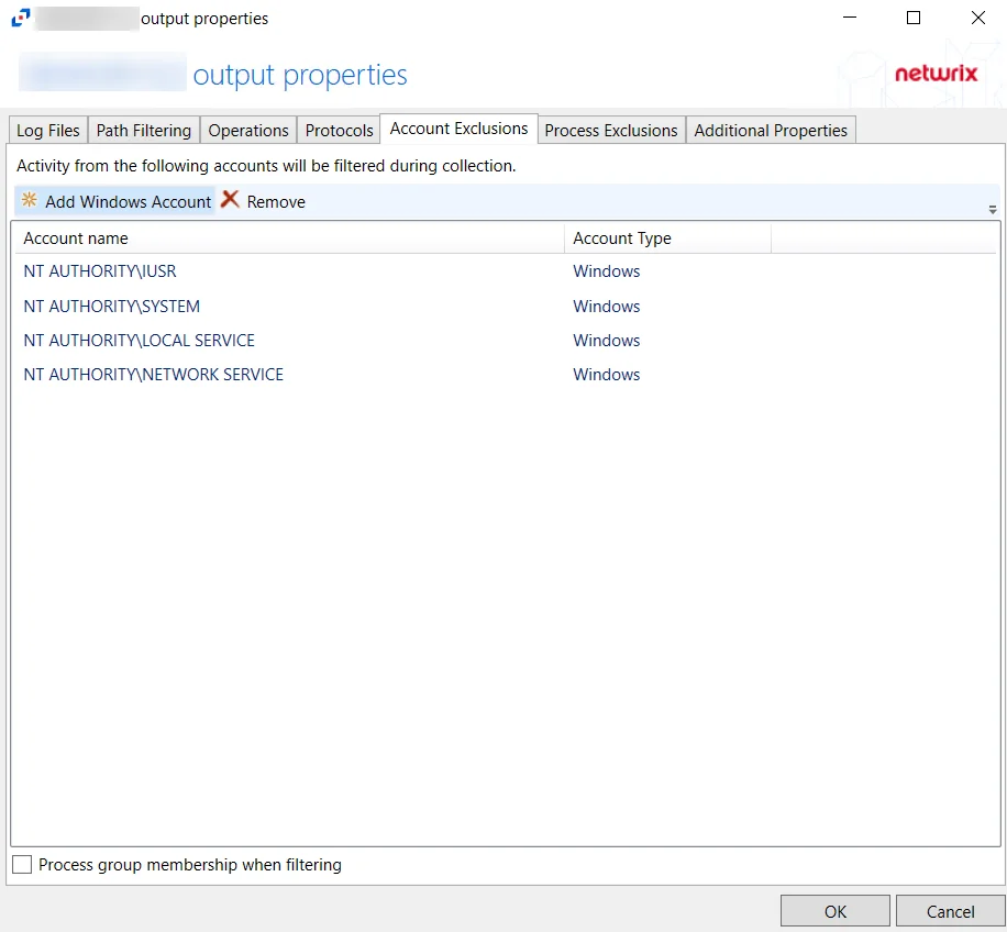 Account Exlcusions tab for Windows Hosts